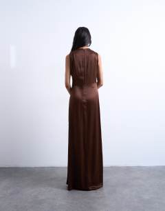 Model wearing Low armhole maxi occasion dress in chocolate