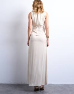 Model wearing Low armhole maxi occasion dress in oyster