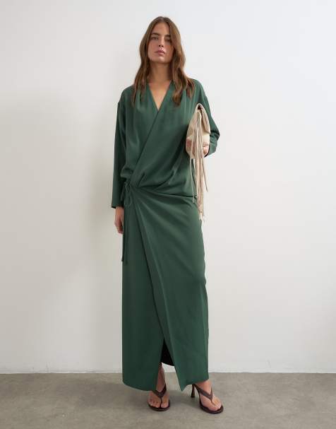 Topshop low cut tie waist blouson maxi dress in dark green - view 1