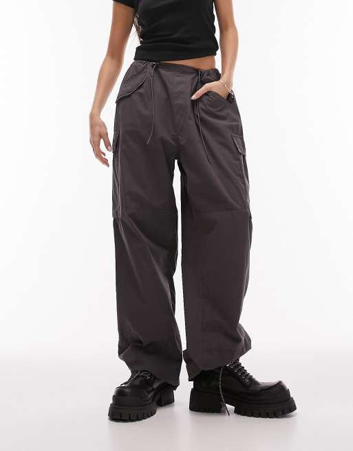 Topshop low rise baggy toggle parachute trouser in grey | ASOS