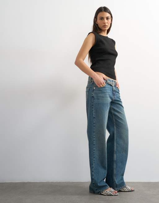 Topshop low rise belted jean in mid blue, 2 of 7