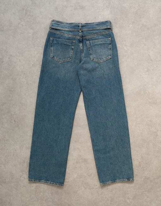 Topshop low rise belted jean in mid blue, 7 of 7