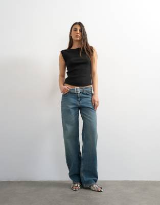 Topshop Low Rise Belted Jeans In Blue