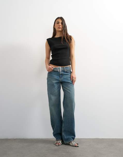 Topshop low rise belted jeans in mid blue - view 1