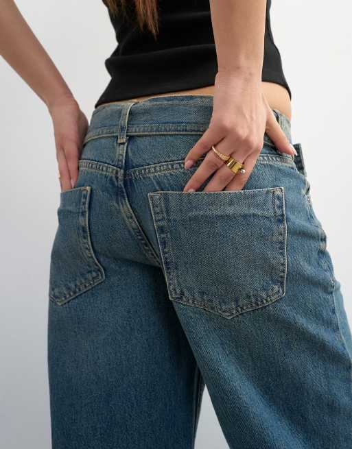 Topshop low rise belted jeans in mid blue, 3 of 7