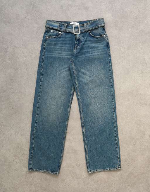 Topshop low rise belted jeans in mid blue, 6 of 7