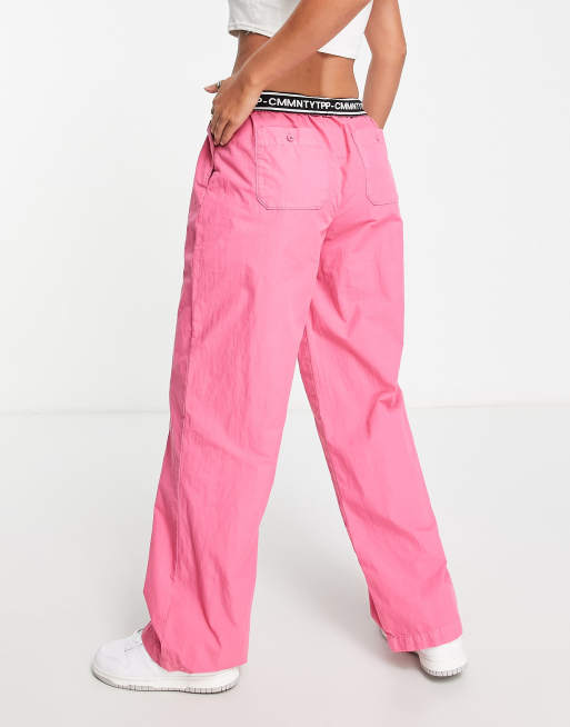 Topshop low rise casual cargo pants with fold over waistband detail in  bright pink