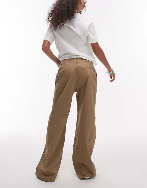 Topshop low rise casual tailored straight leg pants in beige, 2 of 5