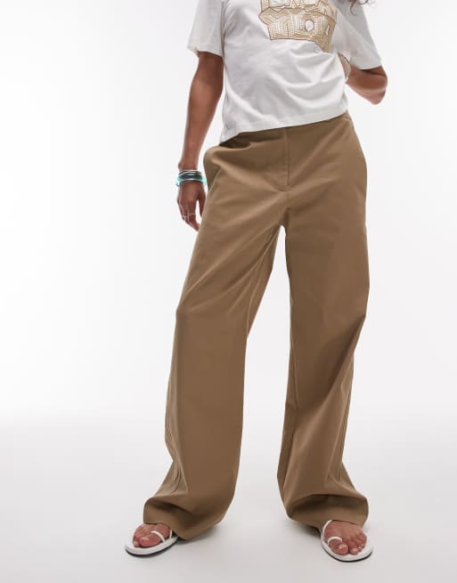 Topshop low rise casual tailored straight leg pants in beige, 4 of 5