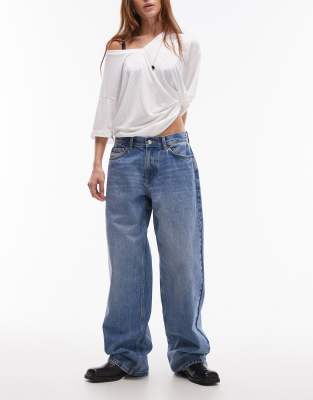 Topshop Low Rise Cinch Back Jeans In Mid Blue In Blue
