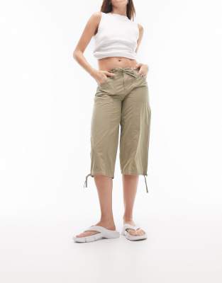 Shop Topshop Low Rise Cropped Capri Cargo Pants In Sage-gray