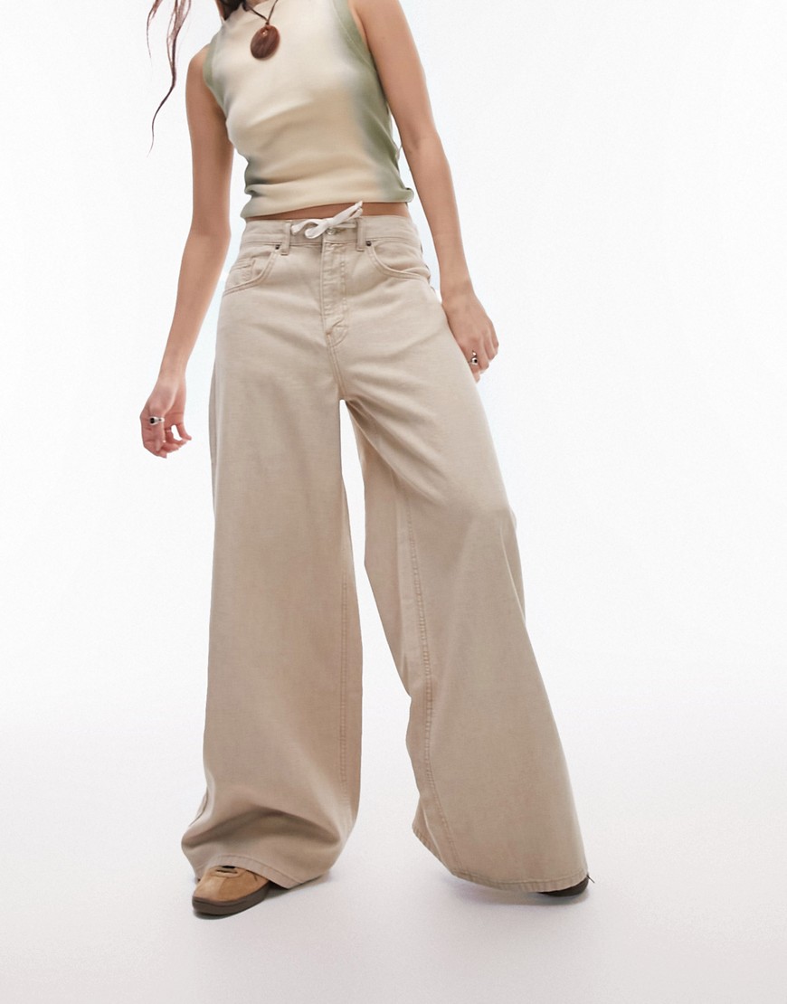 low rise drawstring wide leg jeans in sand-Neutral