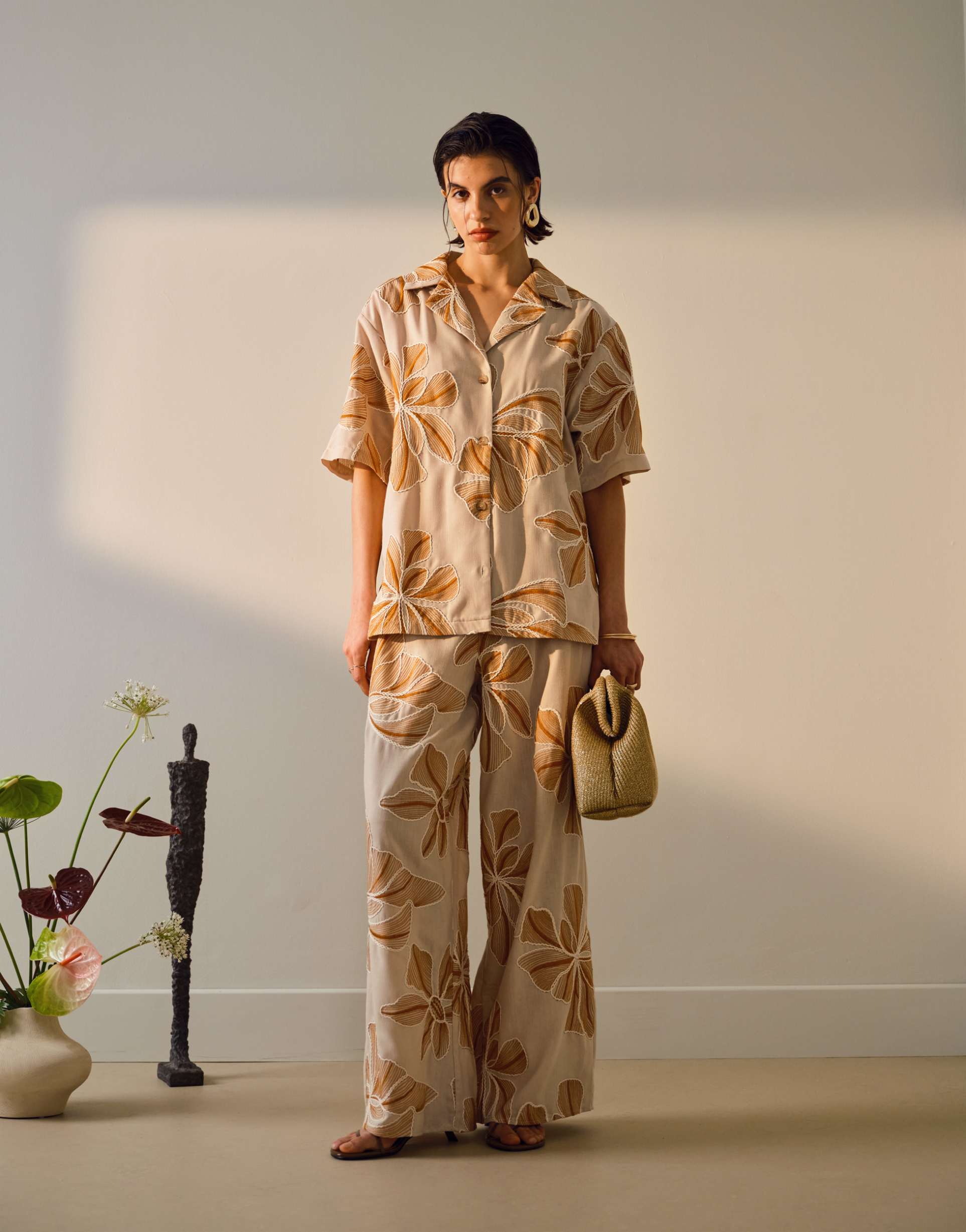 topshop low rise linen look stitch detail floral pants in brown - part of a set