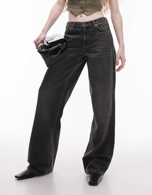 Topshop low rise loose jeans in dirty green cast, 3 of 5