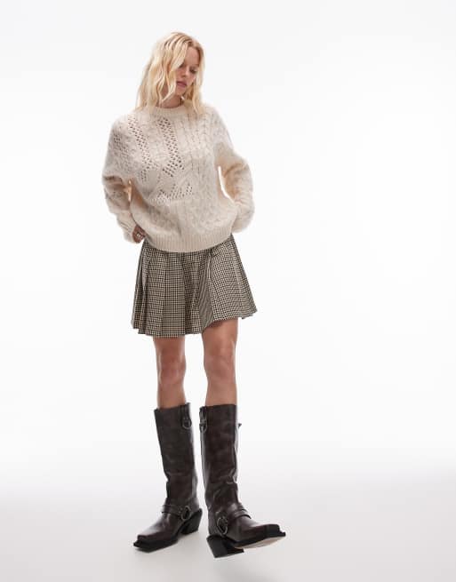 Topshop low rise pleat mini skirt in houndstooth check ASOS