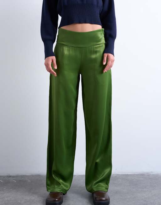 Topshop low rise satin pants in green