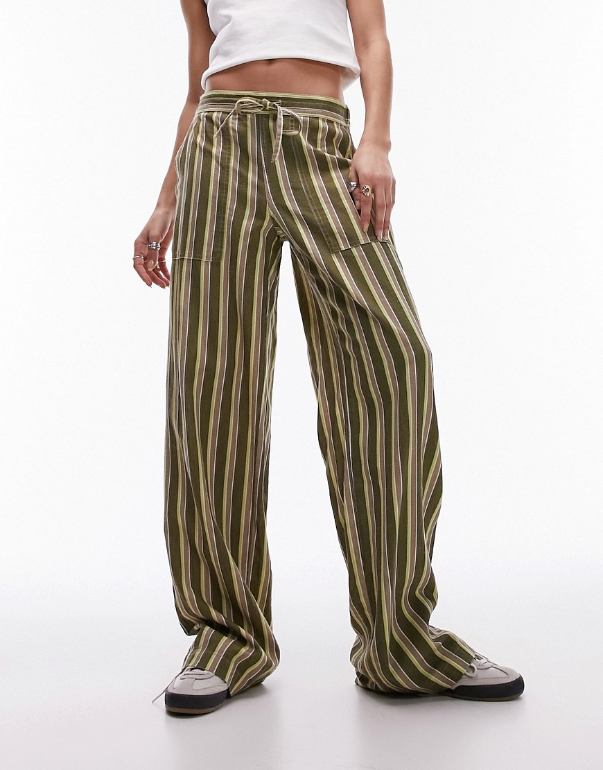 low rise stripe draw string straight leg linen mix pants in multi