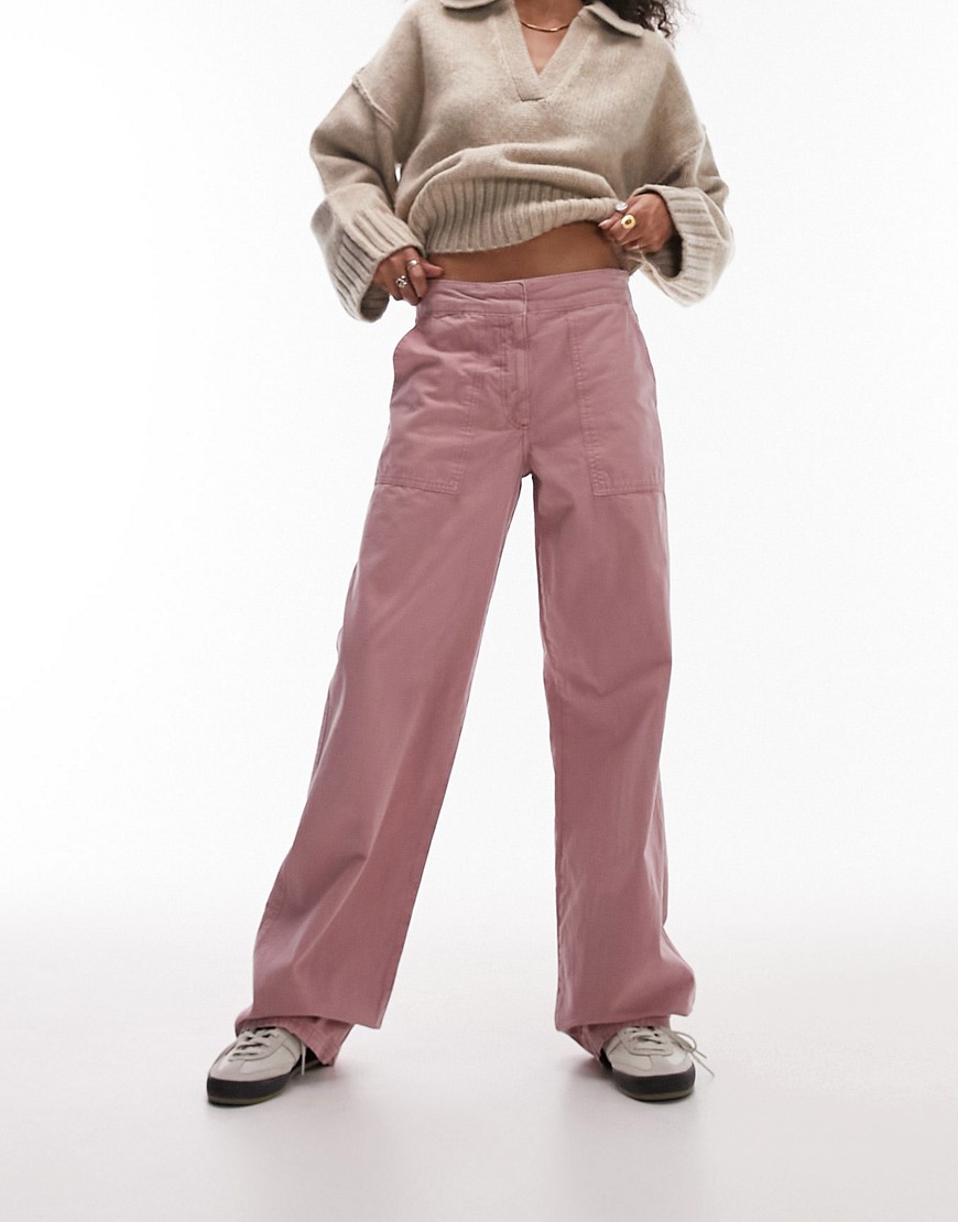 Topshop Low Rise Washed Straight Leg Pants In Rose-pink