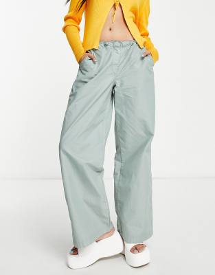 Topshop low rise wide leg nylon cargo pants in khaki | ASOS