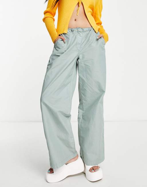 Topshop low rise wide leg nylon cargo pants in Khaki