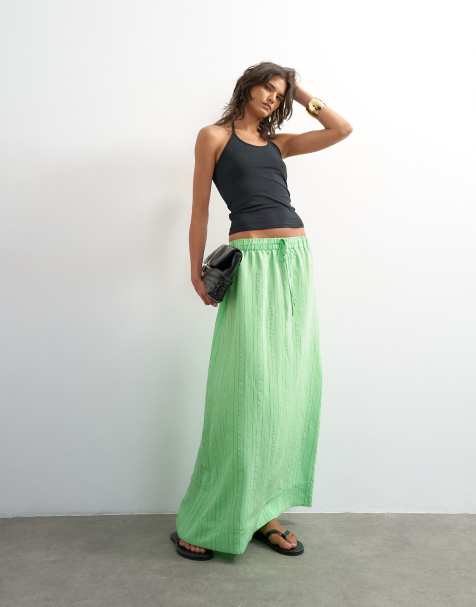 Topshop low slung full circle maxi skirt in green striped print - view 1