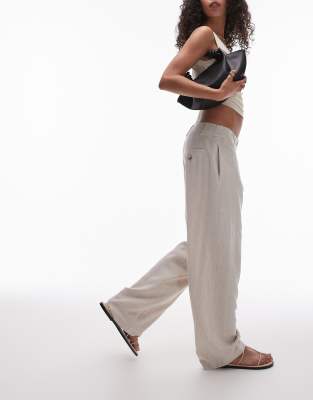 Topshop Low Slung Linen Button Pants In Natural-neutral