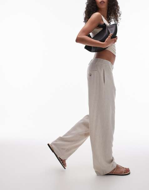 Topshop low slung linen button trouser in natural - view 1