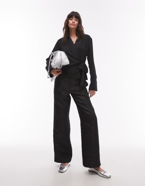 Topshop low slung pants in textured jacquard in black - view 1