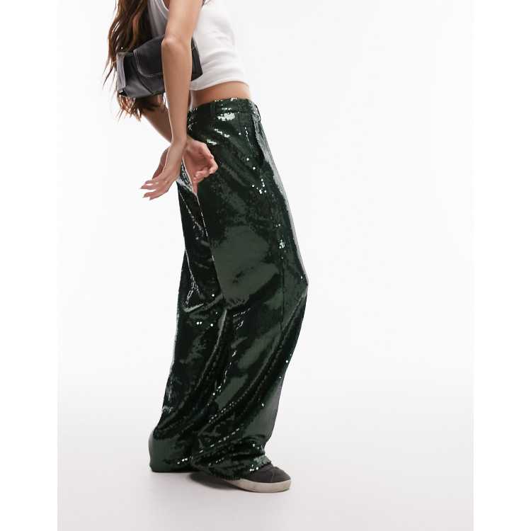 Topshop low slung sequin wide leg pants in khaki | ASOS display picture 1