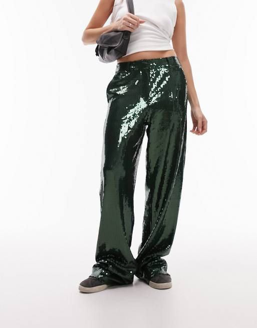 Topshop low slung sequin wide leg pants in khaki, 4 of 4
