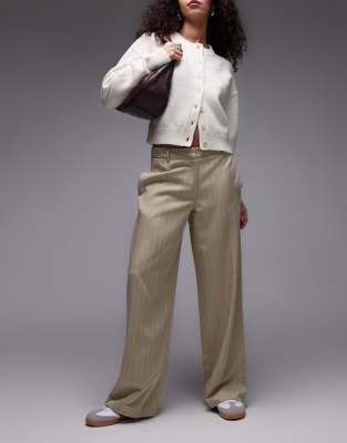 Topshop Low Slung Stripe Trouser In Sand-Green
