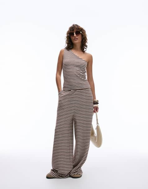 Topshop low slung striped pants in brown and ecru - view 1