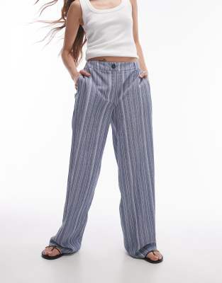 Topshop Topshop low slung tailored stripe trouser in blue-Grey