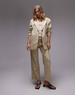 low slung wide leg linen mix pants in sand-Neutral