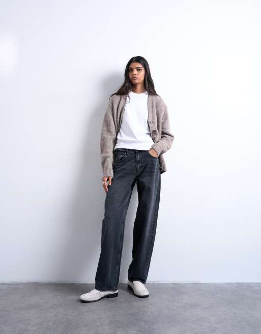 Topshop - Lowrie - Forvaskede sorte baggy lavtaljede jeans