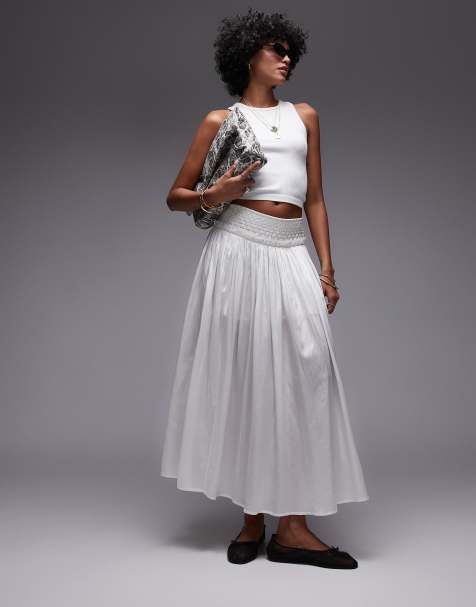 Topshop crinkle full skirt with sheen in ivory