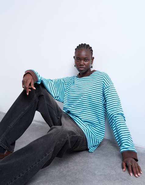 Topshop - Løstsiddende skater-T-shirt med lange ærmer og blå striber - view 1