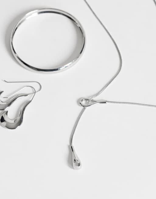 Topshop Lucas waterproof teardrop lariat necklace in stainless silver, 2 of 4