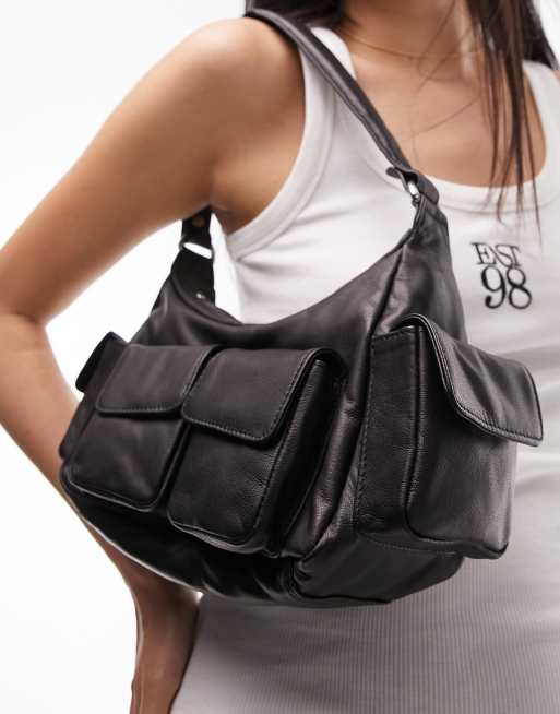 Topshop - Lucia - Borsa da spalla in pelle nera multitasche, 3 di 4