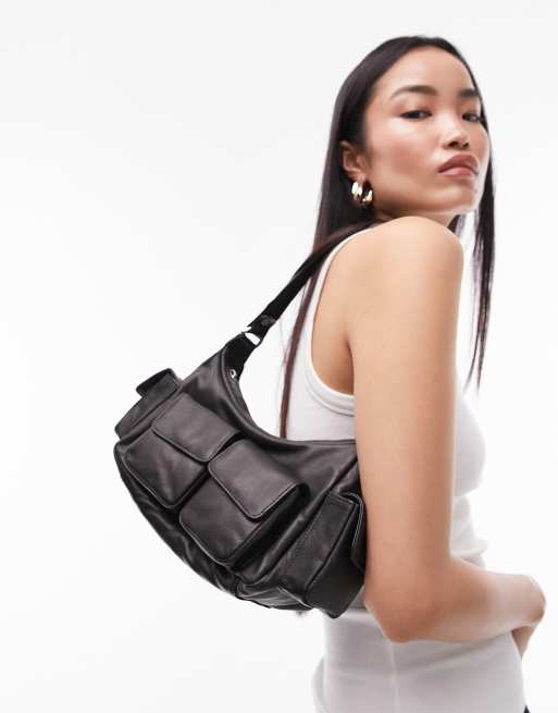 Topshop – Lucia – Skórzana czarna torebka na ramię z kieszeniami