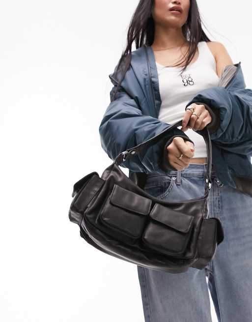 Topshop - Lucia - Sort skuldertaske med flere lommer i læder, 2 af 4