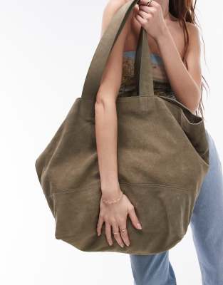 Topshop - Lucy - Oversize-Tragetasche aus Wildleder in Khaki-Bunt