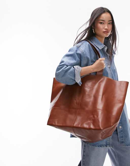 Topshop - Lucy - Oversized tote tas van leer in bruin