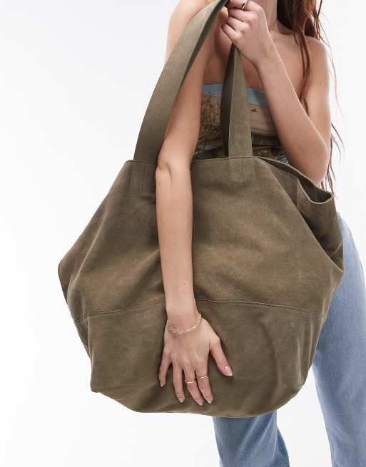 Topshop - Lucy - Suède oversized tote tas in kaki suède
