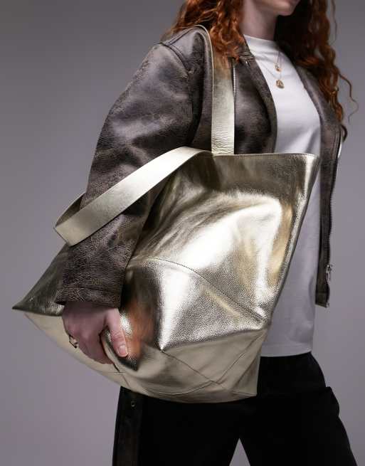 Topshop – Lucy – Złota skórzana torba typu tote oversize