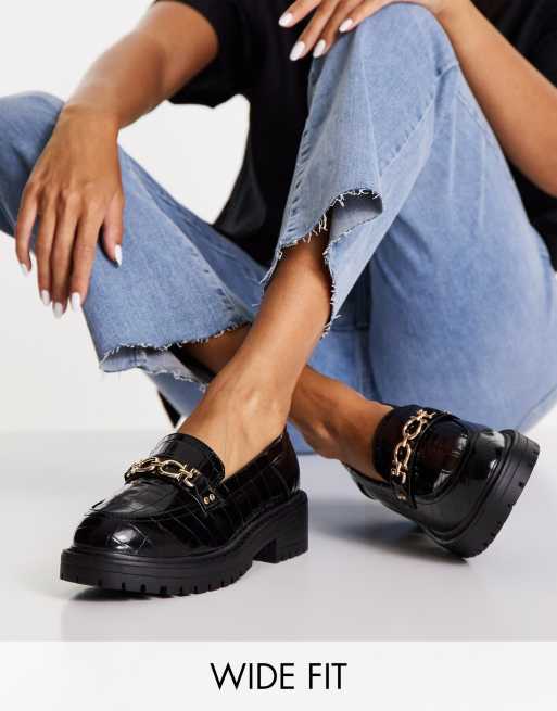 Topshop - Luka - Mocassini a pianta larga con catenina, colore nero