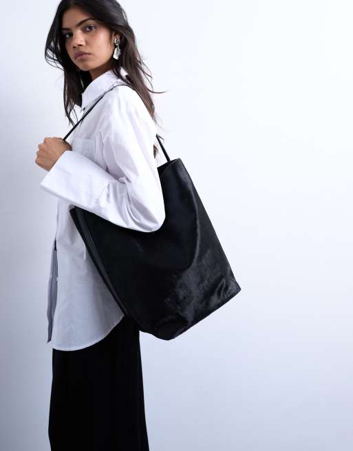 Topshop Luna hair on real leather tote bag in black
