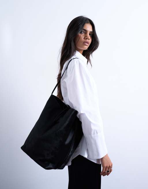 Topshop Luna large hair-on real leather tote in black, 4 of 4