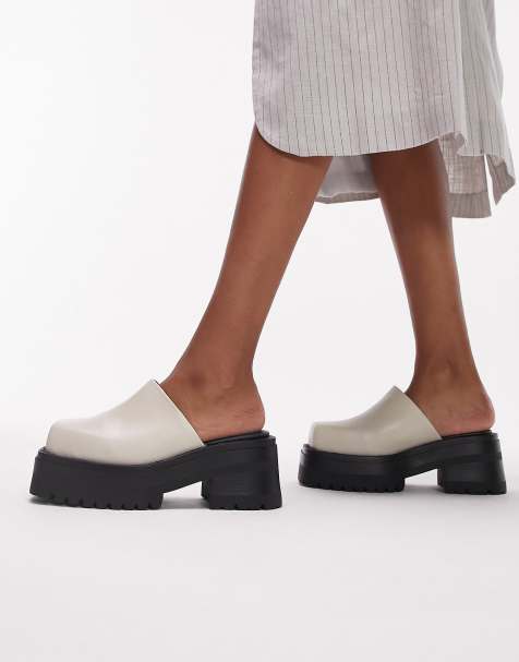 Topshop Luna premium leather chunky clog mule in neutral - view 1