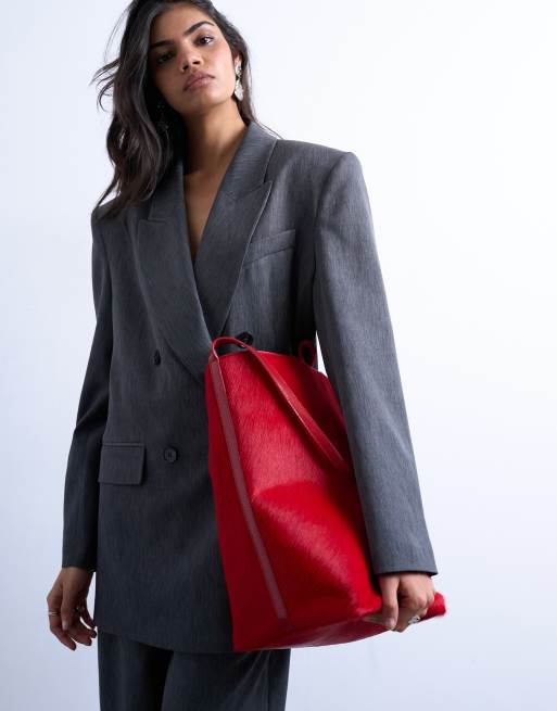 Topshop - Luna - Rød totebag i ægte læder med ponyhårstekstur, 3 af 4